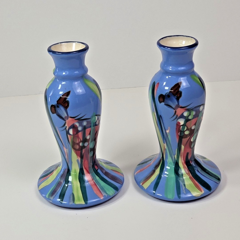 Mexican Hand Painted Candle Sticks 6 Inch Blue Set of 2 Art Pottery Vintage 2001